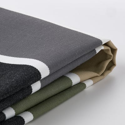 Striped fabric samples displayed; shows textures, colors, and quality of durable, recyclable materials.