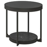A sleek black round side table with a glass top and a marble-effect shelf, supported by four slim metal legs. Modern and minimalist design.