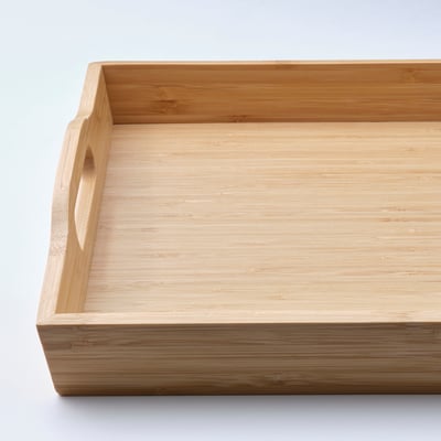 FRUKTSKAL wooden serving tray, beige, rectangular with handles.