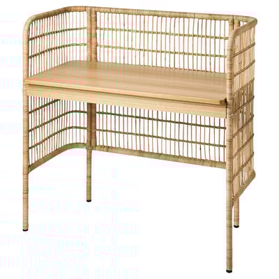 Natural wicker desk, rectangular, sturdy, craft-friendly.