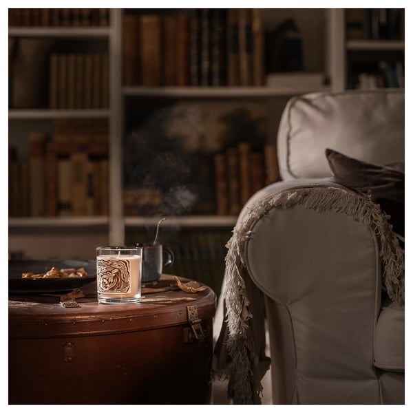 Cozy living room: armchair with fringe blanket, candle, mug, and bookshelf.