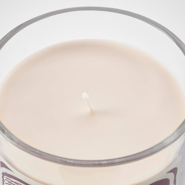 Glass container candle with beige wax, single wick, clean, unlit, high quality, smooth surface.