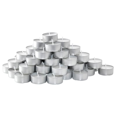 A pile of 36 silver tealight candles, stacked in a pyramid. Each is in aluminum cup, ready for use.