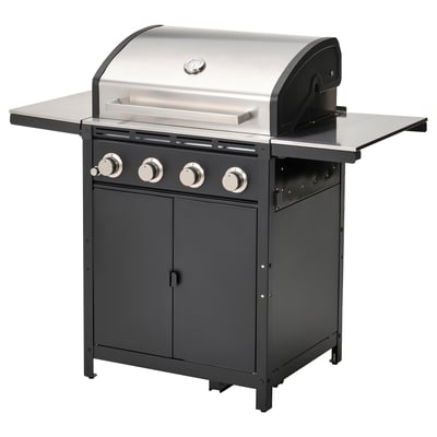 Stainless steel GRILLSKÄR gas grill with black cabinet and side shelf, four burners, and built-in thermometer.