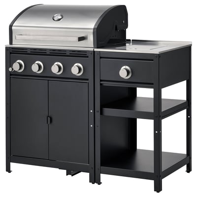 GRILLSKÄR gas grill with side burner, outdoor, black & stainless