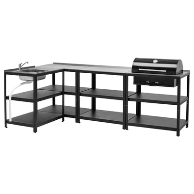 Black outdoor kitchen with sink, shelves, and bbq.