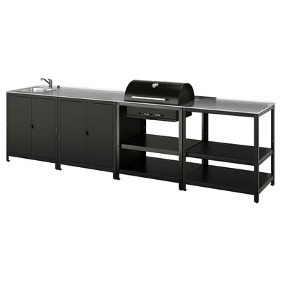 Black outdoor grill station with sink & storage. Durable stainless steel & powder-coated metal. Perfect for backyard bbqs.