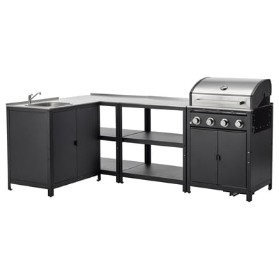 Modern outdoor kitchen set-up: black metal, grey counter, sink, and grill. Black outdoor kitchen with sink, counter, and grill.