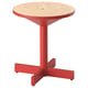 A grimsoabo side table, red with a round wooden top, three splayed metal legs, and a modern scandinavian design.