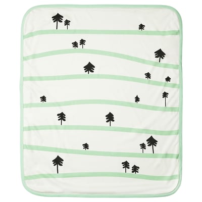 Greenfink baby blanket, green and blue, folded squarish, soft cotton, tree patterns.