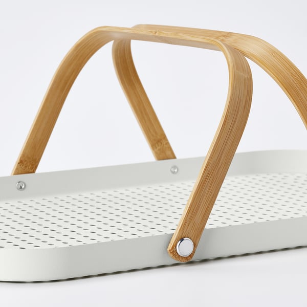 White metal tray with wooden handles. Sleek, modern design. Handles folded flat against tray.