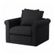GRÖNLID black armchair, plush & soft, rolled arms, textured dark fabric, cozy design.