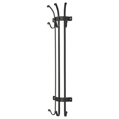 Black metal hanger with multiple hooks. Efficient design for walls, suitable for jackets and bags.