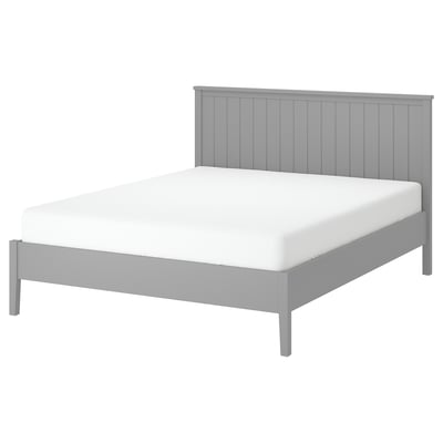 Grey GULLABERG bed with white mattress, wooden legs, traditional style, slatted headboard.