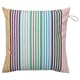Multicolored striped square cushion, perfect for outdoors. Bright colors on white background, with a loop for hanging.
