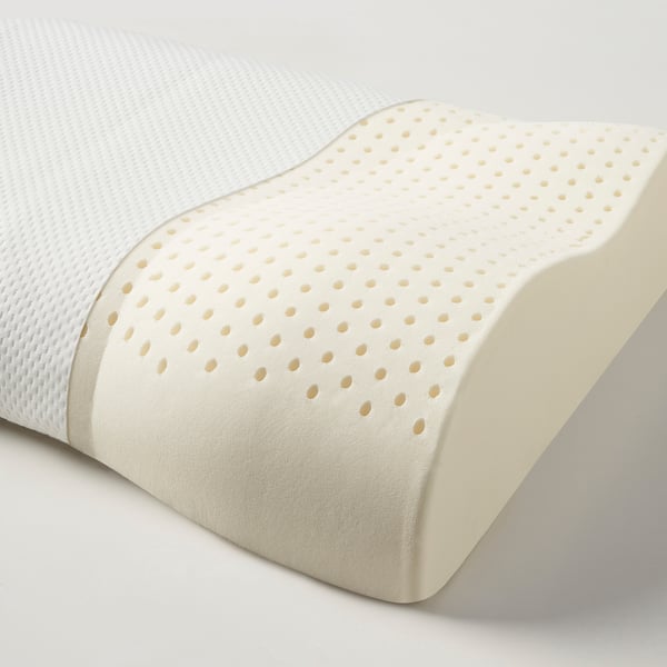 Ergonomic latex pillow for back & side sleepers, breathable cover.