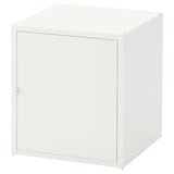 Depicts a white HÄLLAN cabinet with a door, made of steel with a powder-coated finish, rectangular in shape, and designed for storage.