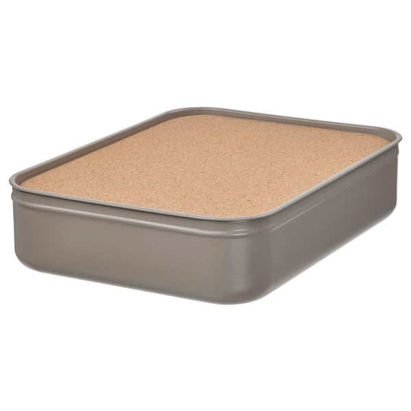 HARVMATTA metal desk organizer, silver with cork lid, square shape, neat design.