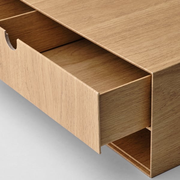 Minimalist wooden chest with open shelf and drawer; quality paperboard construction.