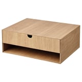 The HÄSTVISKARE mini chest in oak finish has a drawer and open shelf for organizing small items. Made of recycled paperboard with a wood-like veneer.