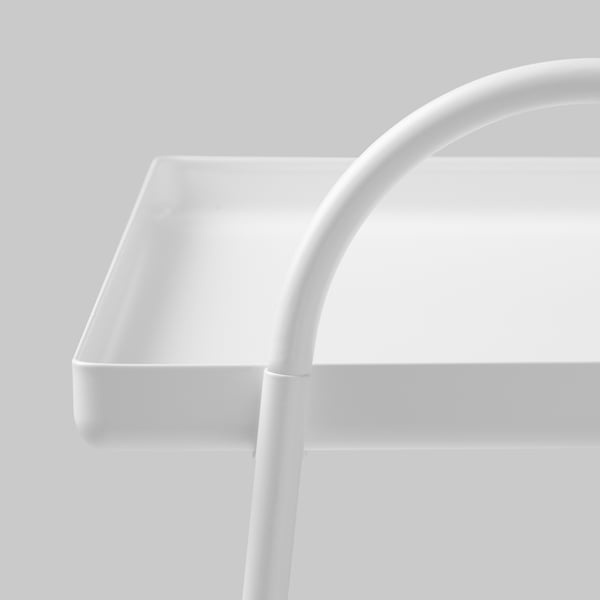 White modern bedside table with two shelves and an arched handle for easy movement.