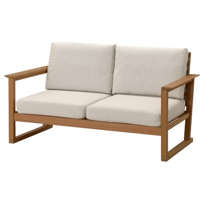 HATTHOLMEN 2-seat outdoor sofa, light beige cushions on eucalyptus frame, rectangular and comfortable.