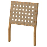 HATTHOLMEN outdoor chair, beige woven straps, eucalyptus wood frame, rectangular back with square cutouts.