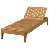 A light brown wooden lounge chair named HATTHOLMEN, made of eucalyptus, with an adjustable backrest, ideal for outdoor relaxation.