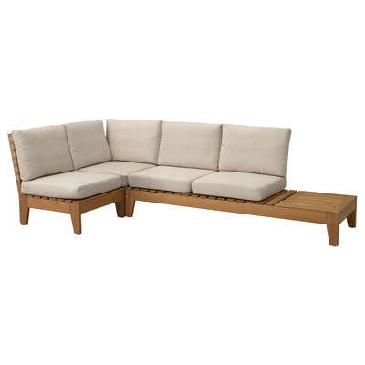 This image shows the HATTHOLMEN outdoor sofa set, featuring beige cushions and a wood finish, designed for comfortable outdoor seating.