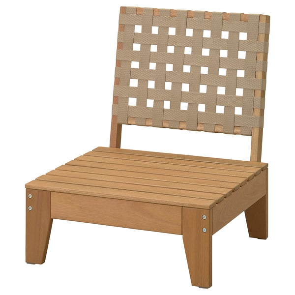 Brown eucalyptus chair with beige straps, square seat, angled legs.