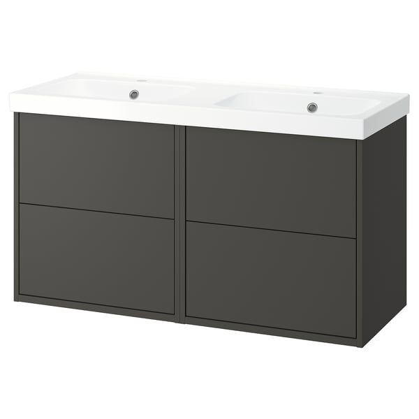 A grey HAVBÄCK double basin bathroom vanity with sleek design and four drawers.