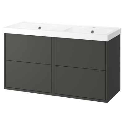 A grey HAVBÄCK double basin bathroom vanity with sleek design and four drawers.
