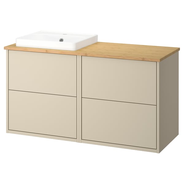 Havbaeck bathroom vanity in beige with wood top and white sink. Two drawers and a minimalist modern design.
