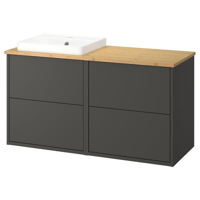 Havbaeck dark grey bathroom cabinet set with bamboo countertop and white sink.