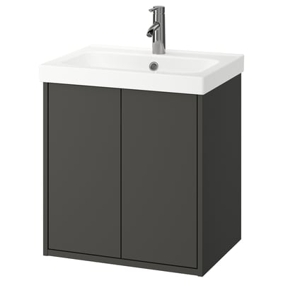 Black wall-mounted bathroom cabinet with white sink, modern design.