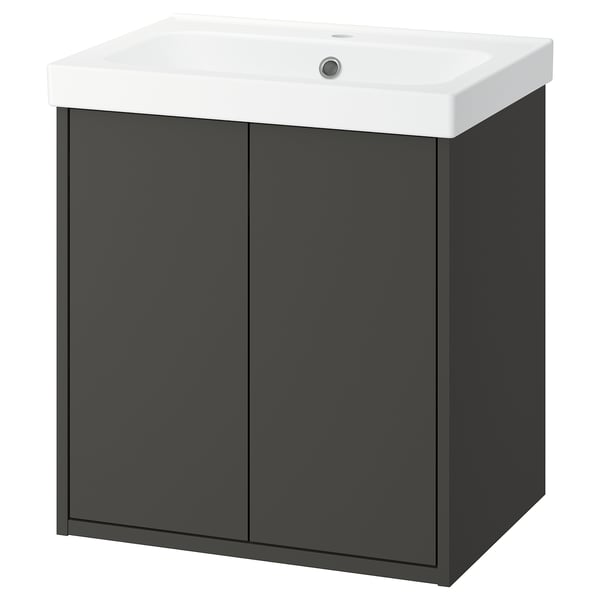 HAVBÄCK bathroom vanity: dark grey, modern, wall-mounted with white sink.