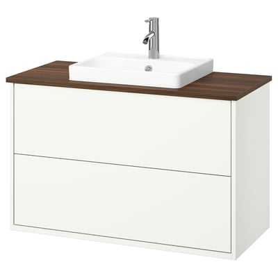 HAVBÄCK white wall-mounted bathroom cabinet, wood top, rectangular ceramic sink, chrome faucet.