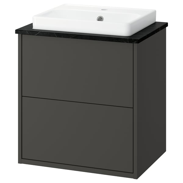 Black washstand with white square sink, soft edges, two drawers.