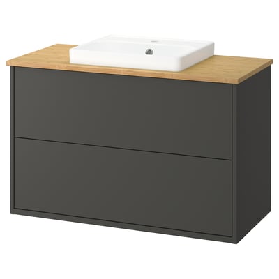 Havbaeck vanity in grey, bamboo top, square white basin. Modern, sleek design.