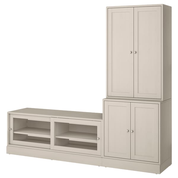 HAVSTA light wood tv setup: tall cabinet, wide tv bench with open shelves, modern rustic design.