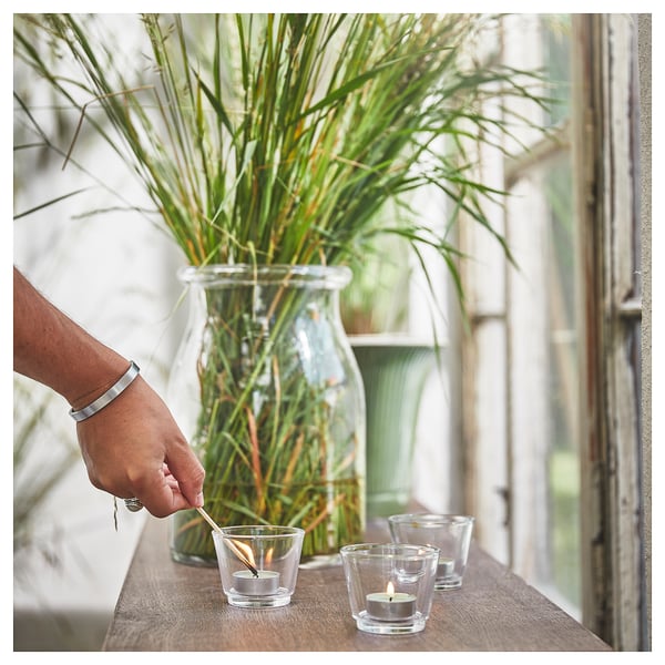 Person lights a candle. Three glass candles on wooden table, one lit. Large green plant in vase behind.