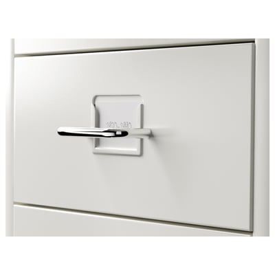 White metal drawer unit with sleek handle, featuring castors for mobility. Elegant and functional design.