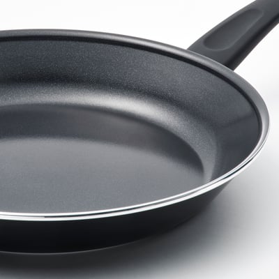 HEMLAGAD frying pan, black, aluminium with non-stick coating, round shape, easy-grip handle.