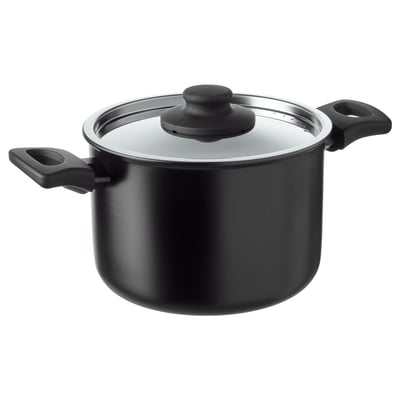 Black cookware, HEMLAGAD, aluminum base, non-stick teflon coating, glass lid, silicone handles.