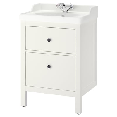 A white HEMNES bathroom vanity with a basin and chrome fixtures. The vanity two drawers with black knobs.