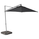 Black cantilever umbrella HISSÖ with aluminum frame, recycled polyester canopy, and concrete base.