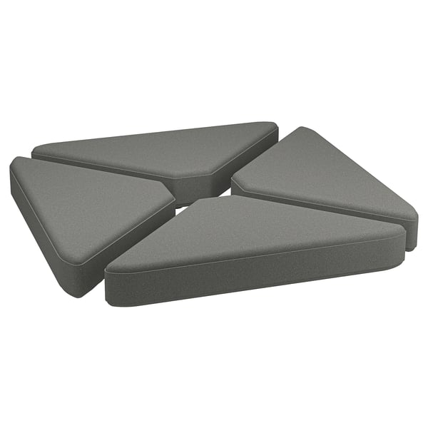 Four gray triangular cushions arranged as a modern bench.