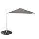 A gray HÖGÖN hanging parasol with a white pole and a sandbag base, designed for outdoor shade.