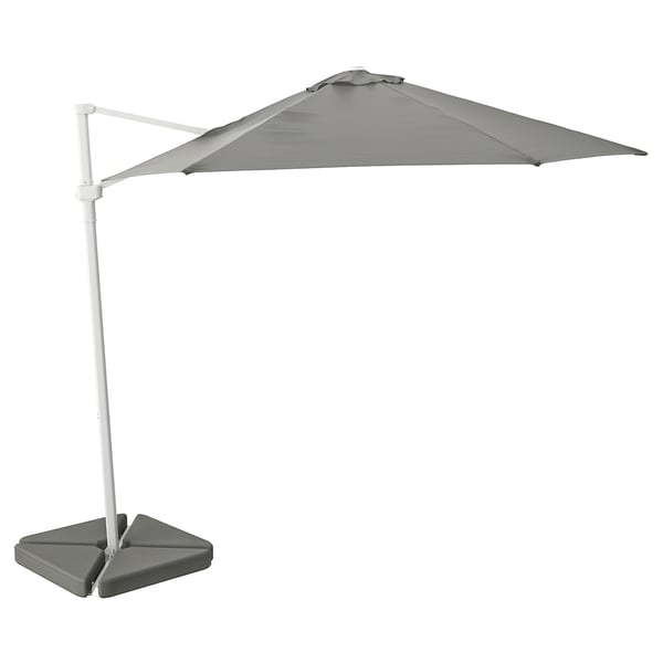 A gray HÖGÖN patio umbrella with a rectangular base and adjustable, angled design for outdoor shade.