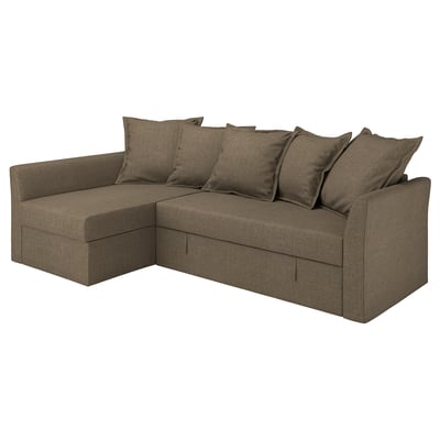 HOLMSUND l-shaped sofa, brown, tweed texture, corner design, with 6 pillows.